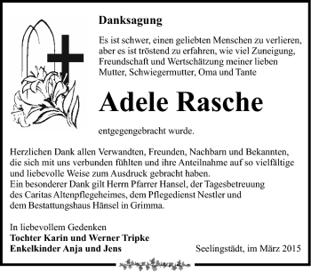 Traueranzeige von Adele Rasche von Südthüringer Presse