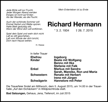Traueranzeige von Richard Hermann von Südthüringer Presse