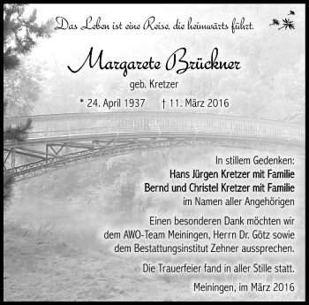 Traueranzeige von Margarete Brückner von Südthüringer Presse