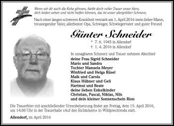 Traueranzeige von Günter Schneider von Südthüringer Presse