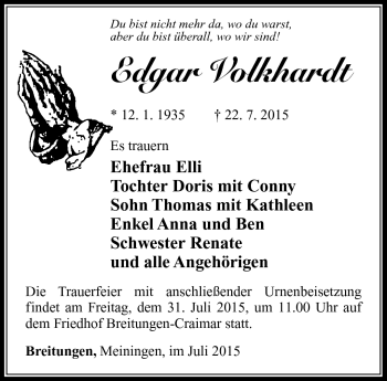 Traueranzeige von Edgar Volkhardt von Südthüringer Presse