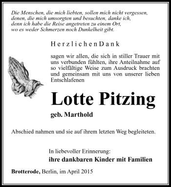 Traueranzeige von Lotte Pitzing von Südthüringer Presse