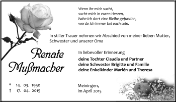 Traueranzeige von renate Mußmacher von Südthüringer Presse
