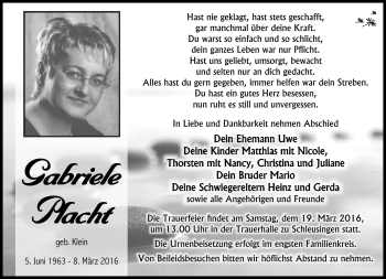 Traueranzeige von Gabriele Placht von Südthüringer Presse