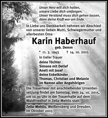 Traueranzeige von Karin Haberhauf von Südthüringer Presse