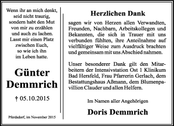 Traueranzeige von Günter Demmrich von Südthüringer Presse