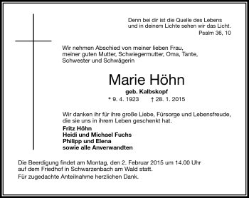 Traueranzeige von Marie Höhn von Frankenpost