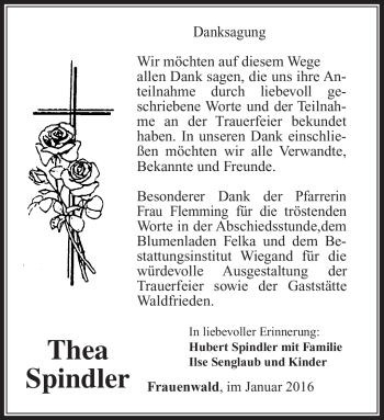 Traueranzeige von Thea Spindler von Südthüringer Presse