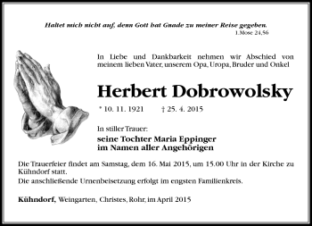 Traueranzeige von Herbert Dobrowolsky von Südthüringer Presse