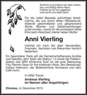 Traueranzeige von Anni Vierling von Südthüringer Presse