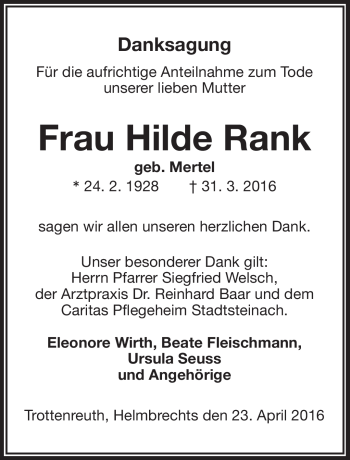 Traueranzeige von Hilde Rank von Frankenpost