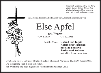Traueranzeige von Else Apfel von Neue Presse Coburg