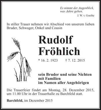 Traueranzeige von Rudolf Fröhlich von Südthüringer Presse