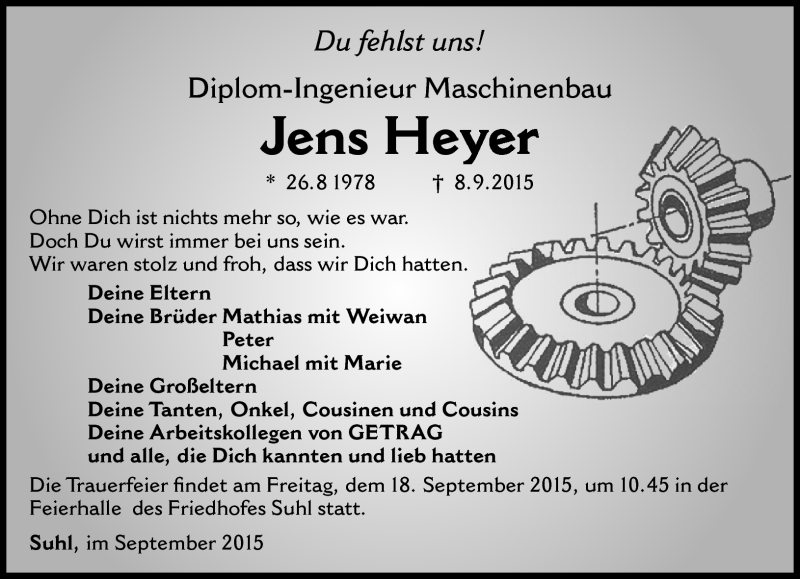  Traueranzeige für Jens Heyer vom 12.09.2015 aus Südthüringer Presse