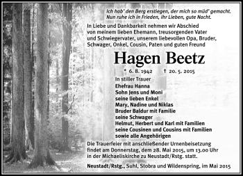 Traueranzeige von Hagen Beetz von Südthüringer Presse