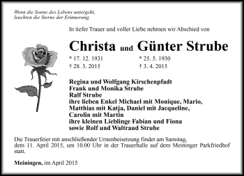 Traueranzeige von Christa und Günter Strube von Südthüringer Presse