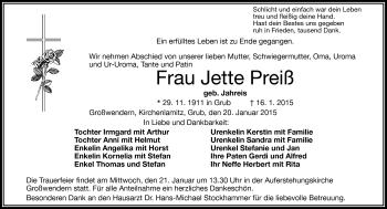 Traueranzeige von Jette Preiß von Frankenpost