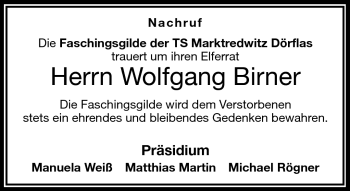 Traueranzeige von Wolfgang Birner von Frankenpost