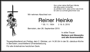 Traueranzeige von Reiner Heinke von Frankenpost