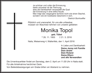 Traueranzeige von Monika Topol von Frankenpost