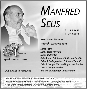 Traueranzeige von Manfred Seus von Neue Presse Coburg