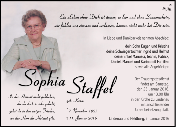 Traueranzeige von Sophia Staffel von Südthüringer Presse