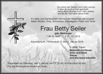 Traueranzeige von Betty Seiler von Frankenpost