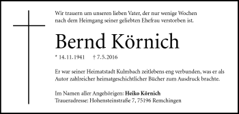 Traueranzeige von Bernd Körnich von Frankenpost