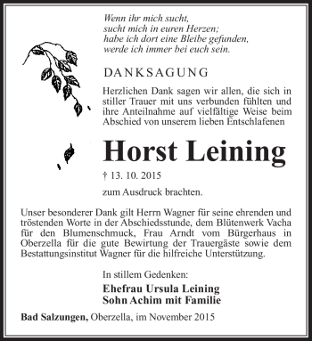 Traueranzeige von Horst Leining von Südthüringer Presse