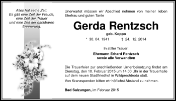Traueranzeige von Gerda Rentzsch von Südthüringer Presse