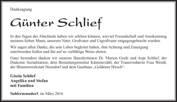 Traueranzeige von Günter Schlief von Südthüringer Presse