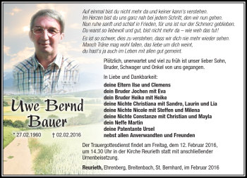 Traueranzeige von Uwe Bernd Bauer von Südthüringer Presse