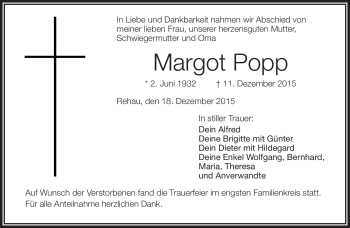 Traueranzeige von Margott Popp von Frankenpost