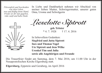 Traueranzeige von Lieselotte Siptrott von Südthüringer Presse
