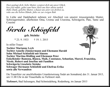 Traueranzeige von Gerda Schönfeld von Südthüringer Presse