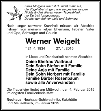 Traueranzeige von Werner Weigelt von Südthüringer Presse