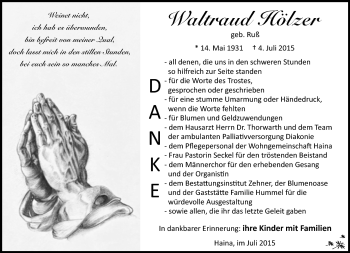 Traueranzeige von Waltraud Hölzer von Südthüringer Presse