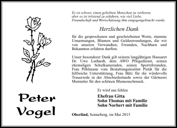 Traueranzeige von Peter Vogel von Südthüringer Presse