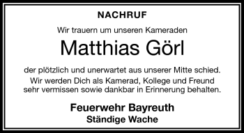 Traueranzeige von Matthias Görl von Frankenpost