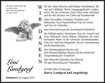 Traueranzeige von Leni Landgraf von Südthüringer Presse
