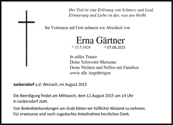 Traueranzeige von Erna Gärtner von Neue Presse Coburg