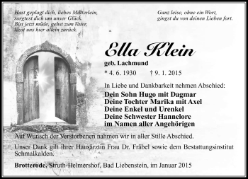 Traueranzeige von Ella Klein von Südthüringer Presse