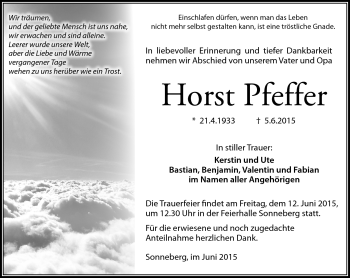Traueranzeige von Horst Pfeffer von Südthüringer Presse