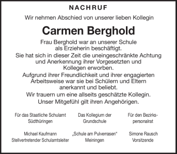 Traueranzeige von Carmen Berghold von Südthüringer Presse