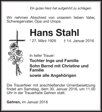 Traueranzeige von Hans Stahl von Südthüringer Presse