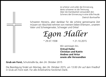 Traueranzeige von Egon Haller von Neue Presse Coburg
