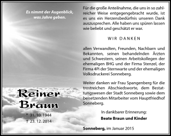 Traueranzeige von Reiner Braun von Südthüringer Presse