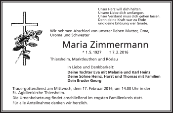 Traueranzeige von Maria Zimmermann von Frankenpost
