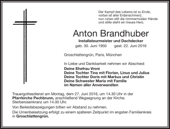 Traueranzeige von Anton Brandhuber von Frankenpost