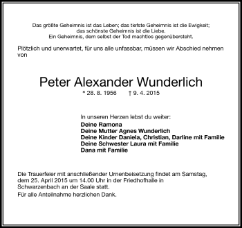 Traueranzeige von Peter Alexander Wunderlich von Frankenpost